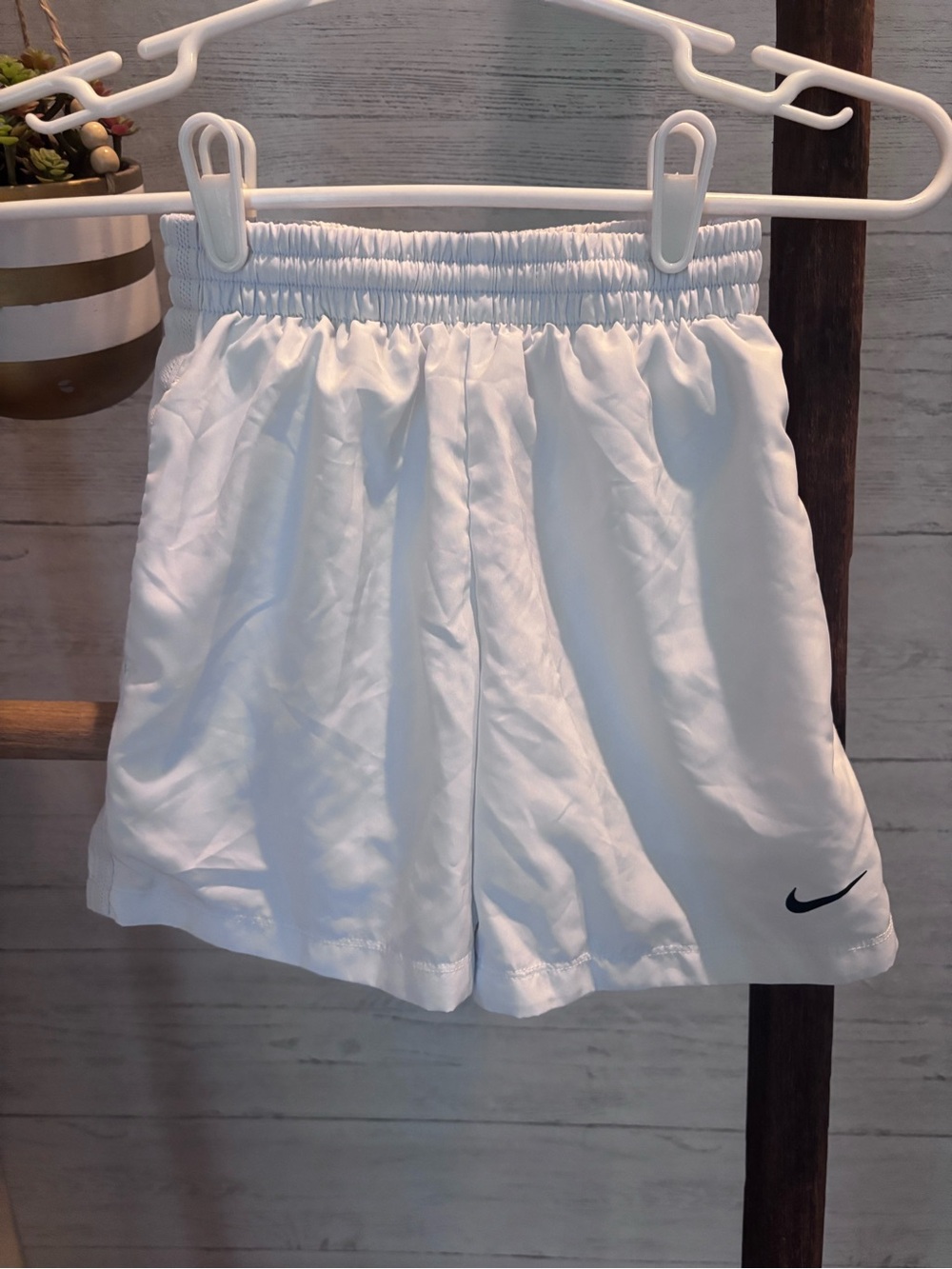 Nike White Kids Athletic Shorts with Black Swoosh XS